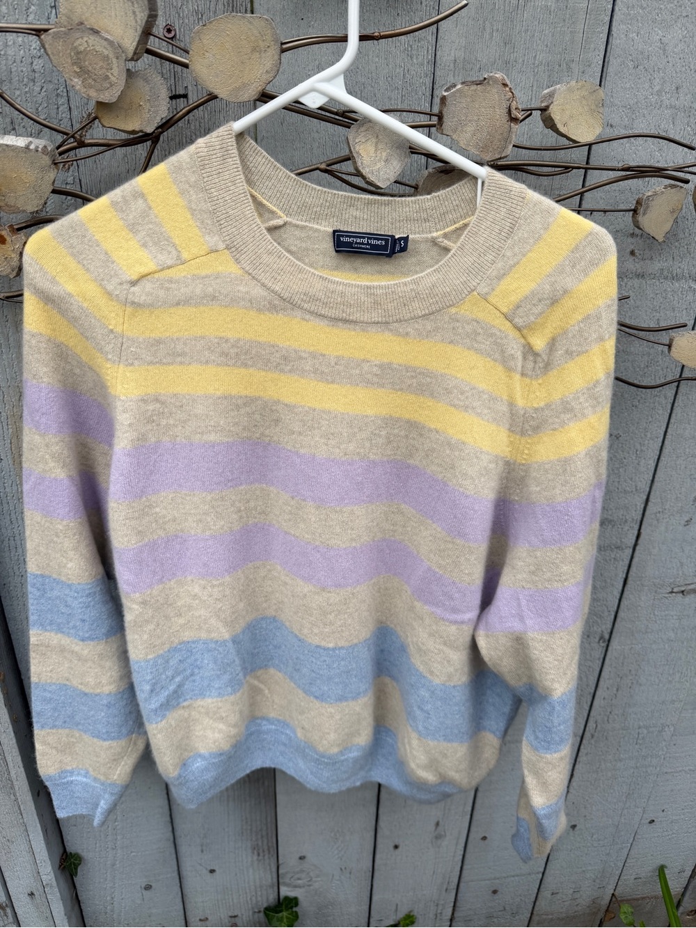 Vineyard Vines Beige Crewneck Sweater with Yellow, Lavender & Light Blue Stripes